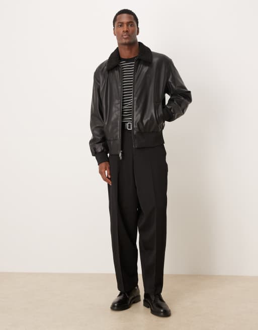 Calvin Klein Jeans faux leather bomber jacket with sherpa collar in black, 2 of 5