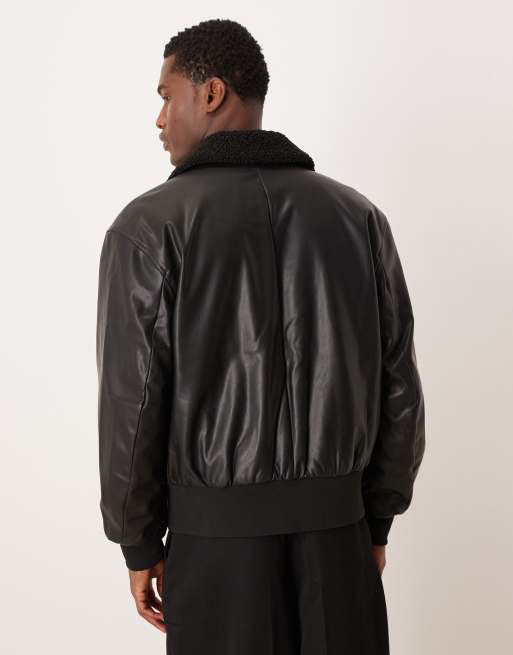 Calvin Klein Jeans faux leather bomber jacket with sherpa collar in black, 3 of 5