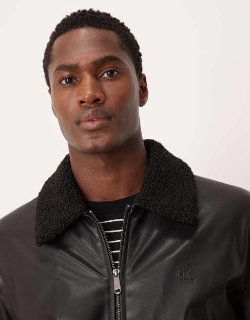 Calvin Klein Jeans faux leather bomber jacket with sherpa collar in black, 5 of 5