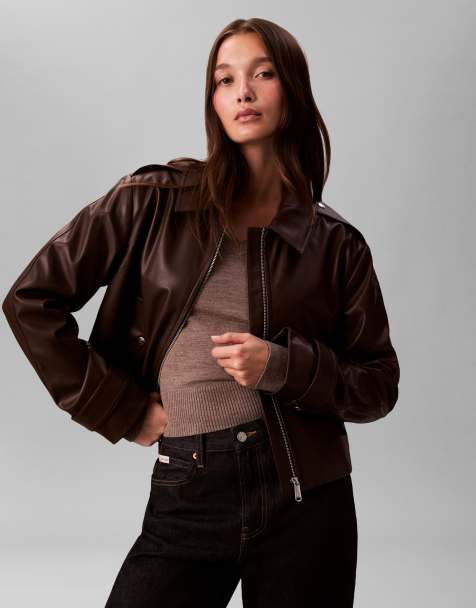 Calvin Klein Jeans faux leather moto jacket in chocolate brown - view 1