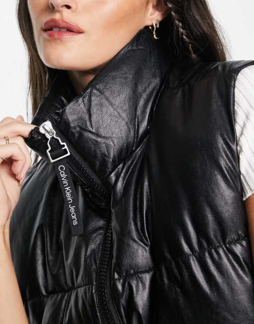 Klein faux leather puffer vest in black | ASOS