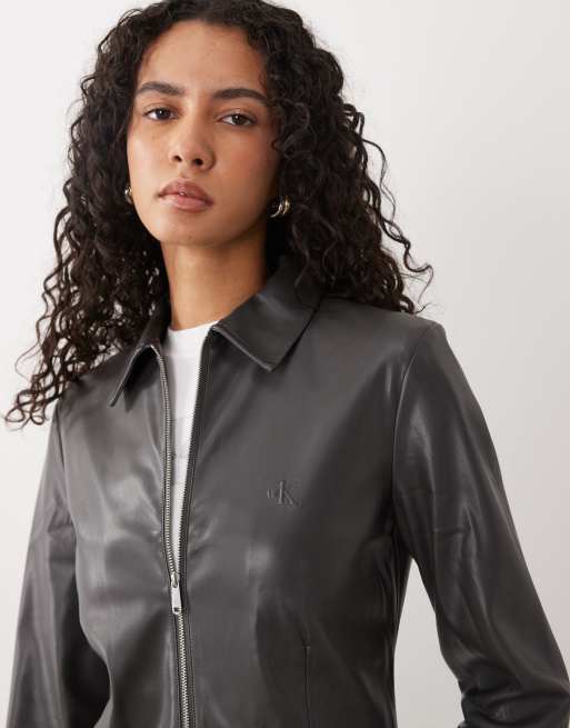 Calvin Klein Jeans faux leather zip up jacket in ash black, 3 of 4
