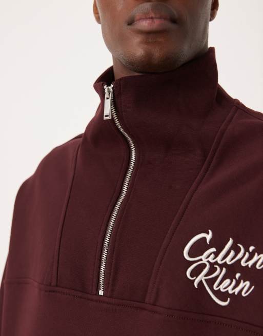 Calvin Klein Jeans - Felpa accollata bordeaux con zip corta e logo, 5 di 5