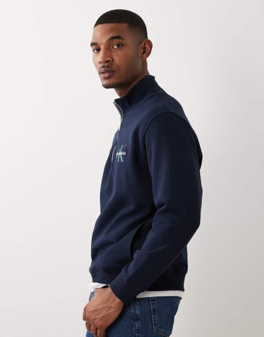 Calvin Klein Jeans - Felpa blu navy con logo sul petto e zip corta, 4 di 5