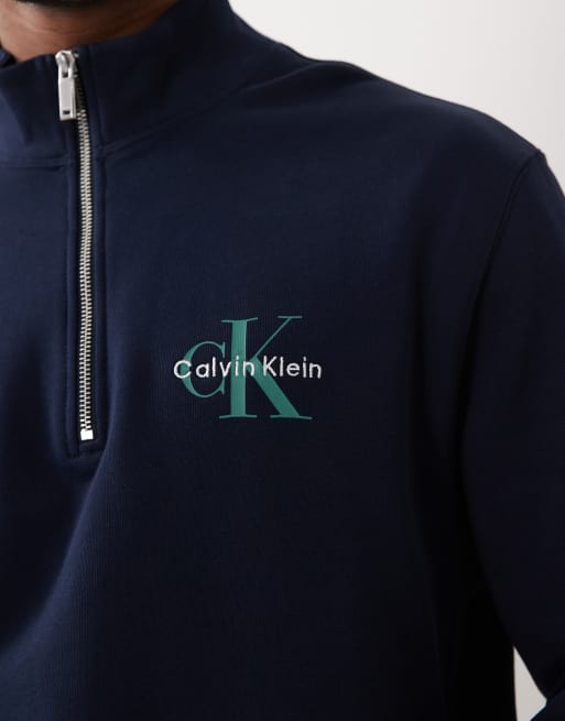 Calvin Klein Jeans - Felpa blu navy con logo sul petto e zip corta, 5 di 5