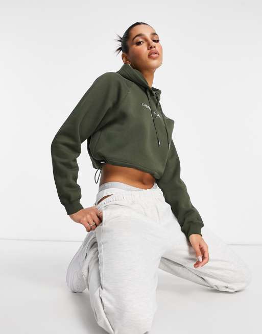 Calvin Klein Jeans - Felpa corta con cappuccio e logo sul davanti color kaki