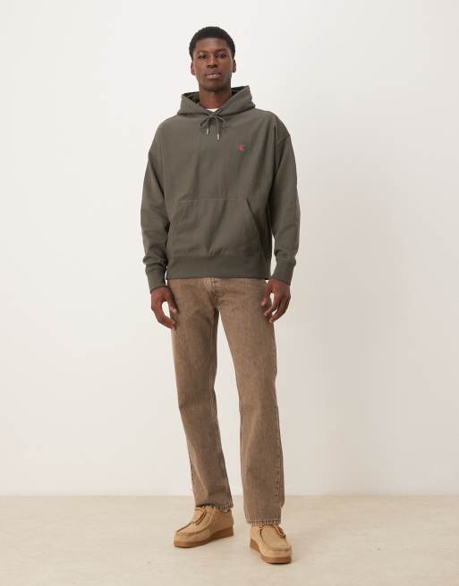 Calvin Klein Jeans - Felpa premium in spugna verde scuro con cappuccio e logo piccolo, 2 di 5