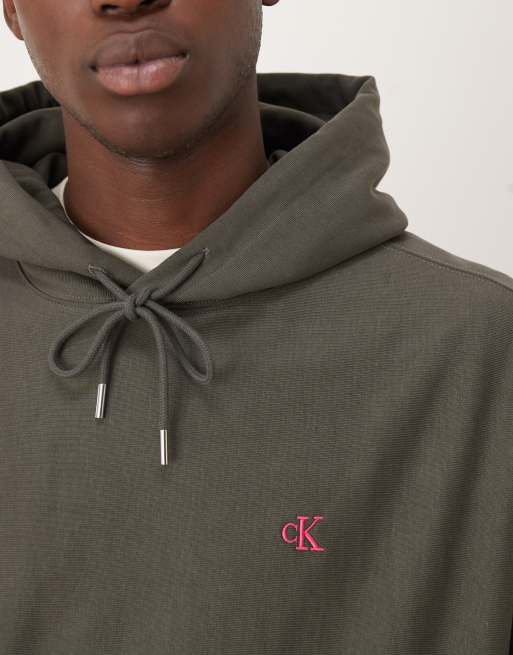 Calvin Klein Jeans - Felpa premium in spugna verde scuro con cappuccio e logo piccolo, 5 di 5