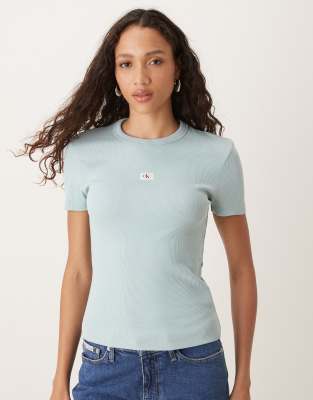 Calvin Klein Jeans - Figurbetontes, geripptes T-Shirt in Salbeigrün mit gewebtem Labellogo