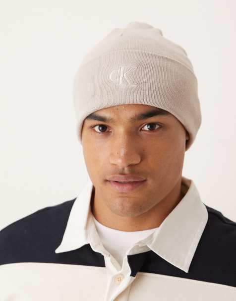 Calvin Klein Jeans fine knit logo beanie in beige - view 1
