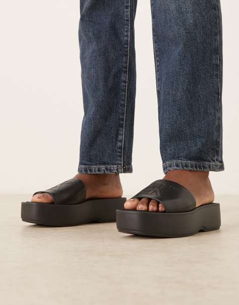 Calvin Klein Jeans flatform leather monogram sandal in black  - view 1