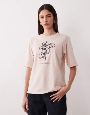 Calvin Klein Jeans floral graphic oversized t-shirt in pale pink-Neutral