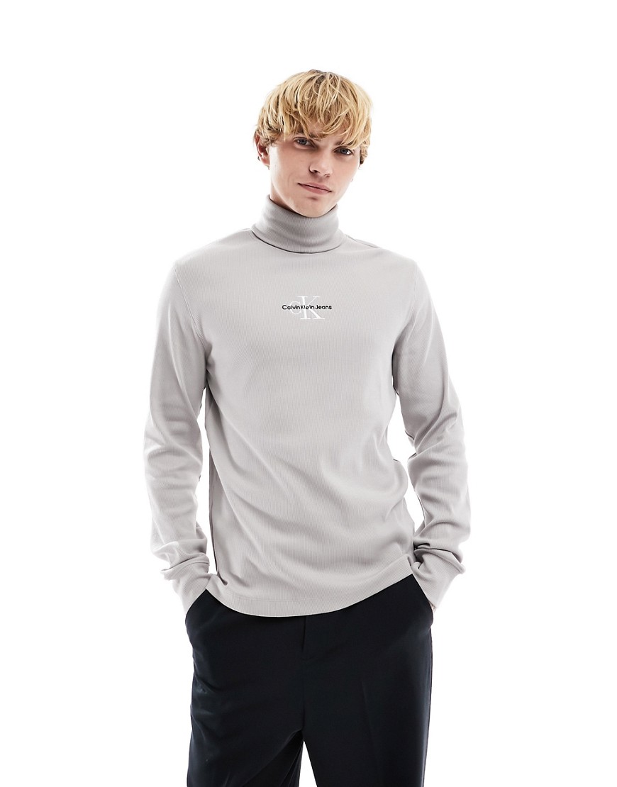 Calvin Klein Jeans freefit roll neck long sleeve sweatshirt in porpoise-Grey