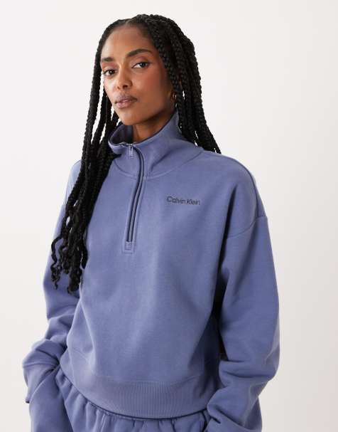 Calvin Klein Jeans French Terry Sweatshirt im Set mit Viertelreißverschluss und Paspeldetail in Steingrau-Blau - view 1