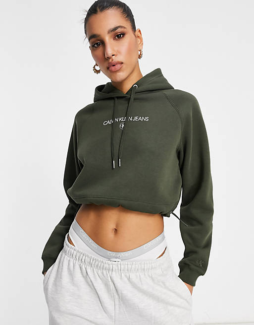 Calvin Klein Jeans front logo cropped hoodie in khaki | ASOS