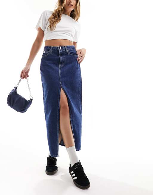 Calvin Klein Jeans front split denim maxi skirt in dark wash, 4 of 5