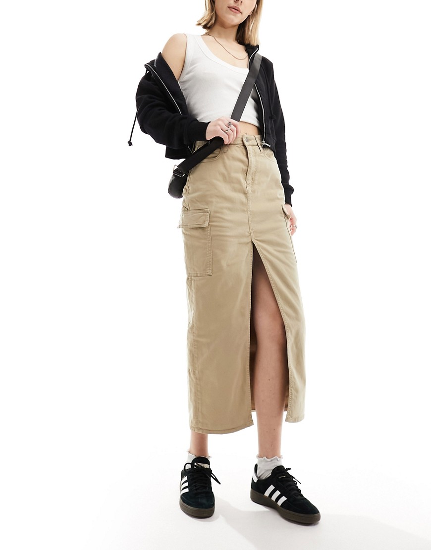 Calvin Klein Jeans front split denim maxi skirt in tan-Neutral