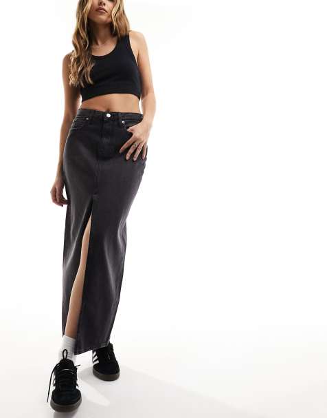Calvin Klein Jeans front split denim maxi skirt in washed black - view 1
