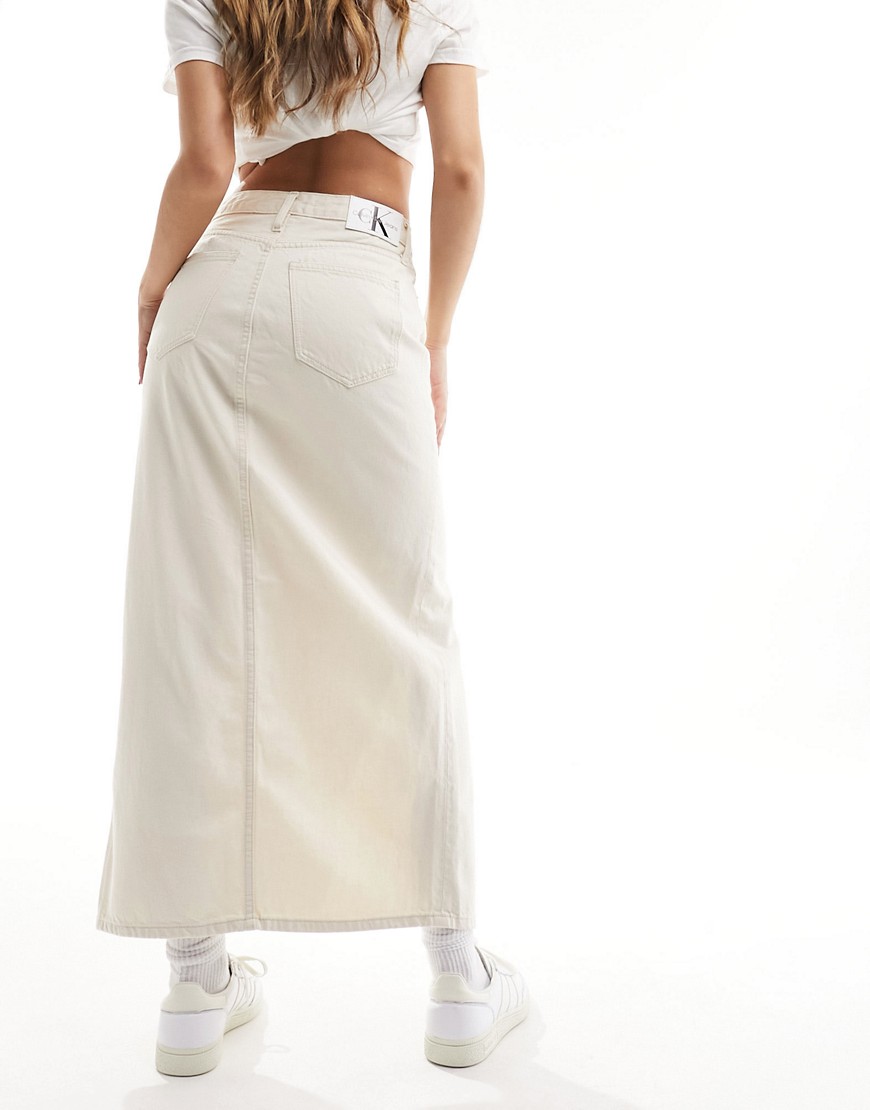 Calvin Klein Jeans front split denim maxi skirt in white wash