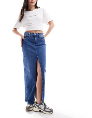 Calvin Klein Jeans front split midi denim skirt in mid wash