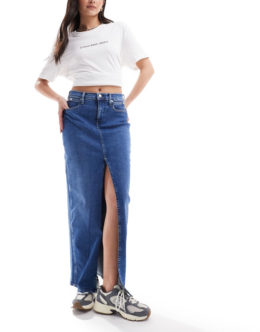 Calvin Klein Jeans front split midi denim skirt in mid wash-Blue