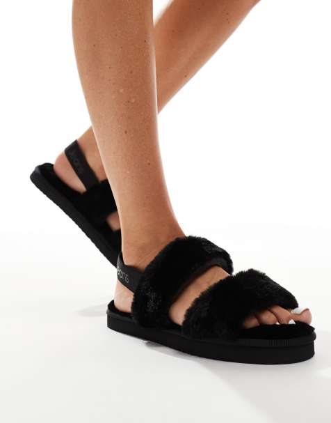 Calvin Klein Jeans fur strap slippers in black - view 1