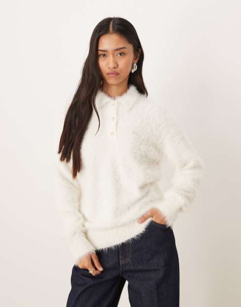 Calvin Klein Jeans fuzzy polo jumper in beige - view 1