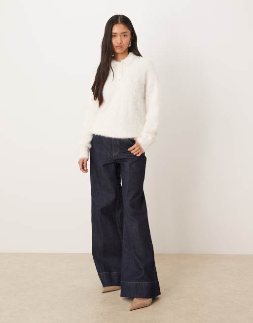 Calvin Klein Jeans fuzzy polo jumper in beige, 2 of 4