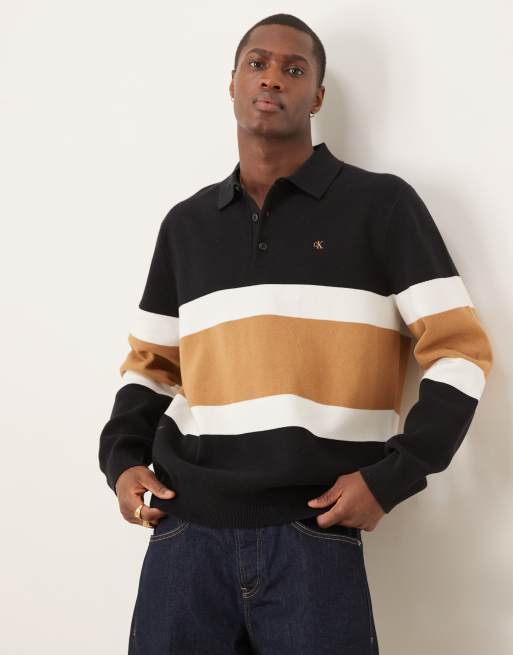 Calvin Klein Jeans - Gebreide trui met kraagje, 1/4 rits en logo in zwart 