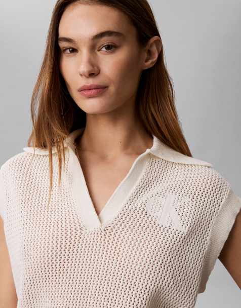 Calvin Klein Jeans – Gehäkeltes Trägertop in Wollweiß mit kurzem Schnitt - view 1