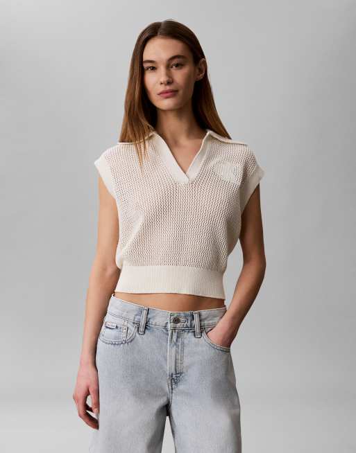 Calvin Klein Jeans – Gehäkeltes Trägertop in Wollweiß mit kurzem Schnitt, 2 von 3