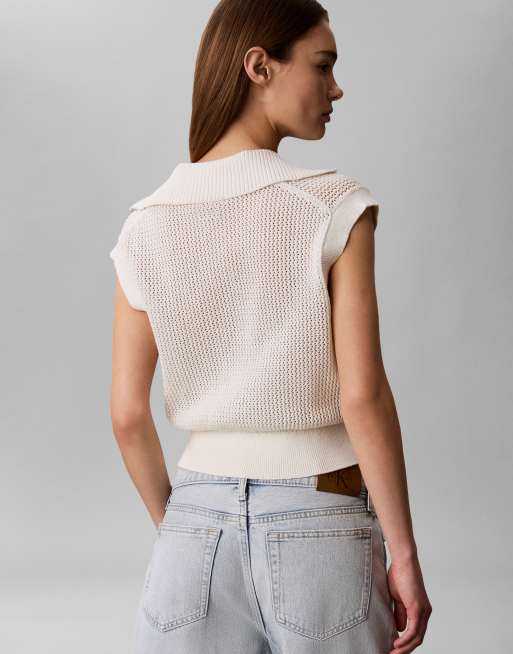 Calvin Klein Jeans – Gehäkeltes Trägertop in Wollweiß mit kurzem Schnitt, 3 von 3