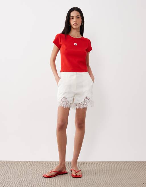 Calvin Klein Jeans - Geribbeld baby T-shirt met geweven label in robijnrood, 3 van 4