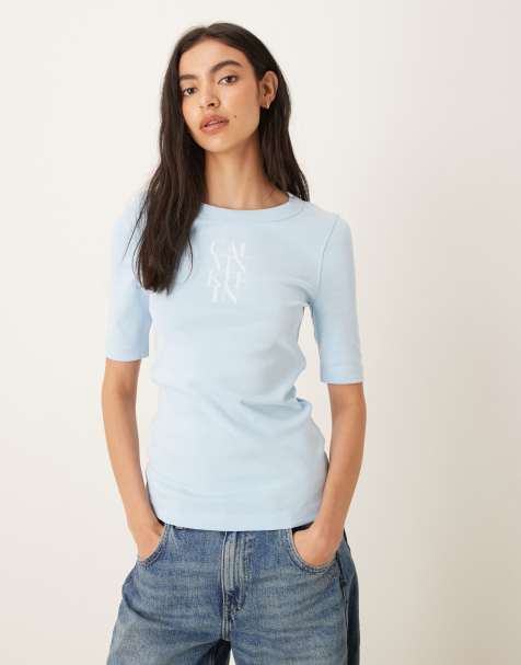 Calvin Klein Jeans - Geribbeld T-shirts met korte mouwen en logo in lichtblauw - view 1
