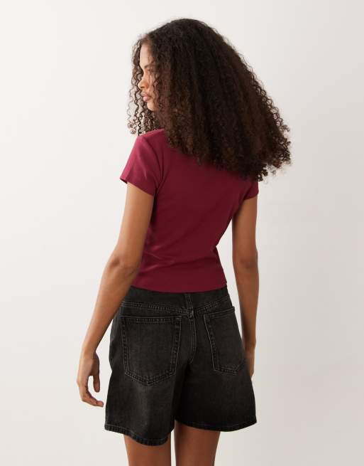 Calvin Klein Jeans - Geribbelde baby tee met geweven label in bordeauxrood, 4 van 4