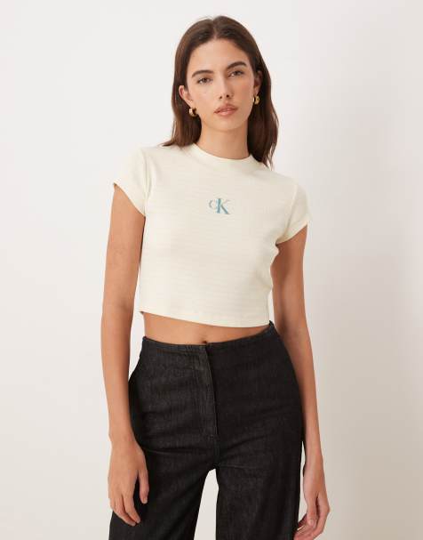 Calvin Klein Jeans - Geribbelde gestreepte baby tee met monologo in lichtgeel - view 1
