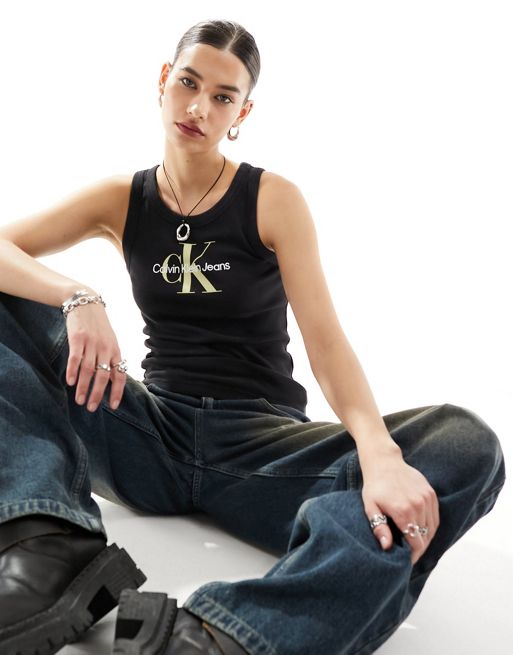 Calvin Klein Jeans - Geribbelde tanktop met archief monologo in zwart