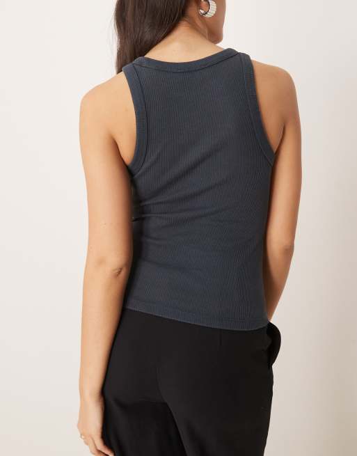 Calvin Klein Jeans - Geribbelde tanktop met geweven label in antracietgrijs, 2 van 4
