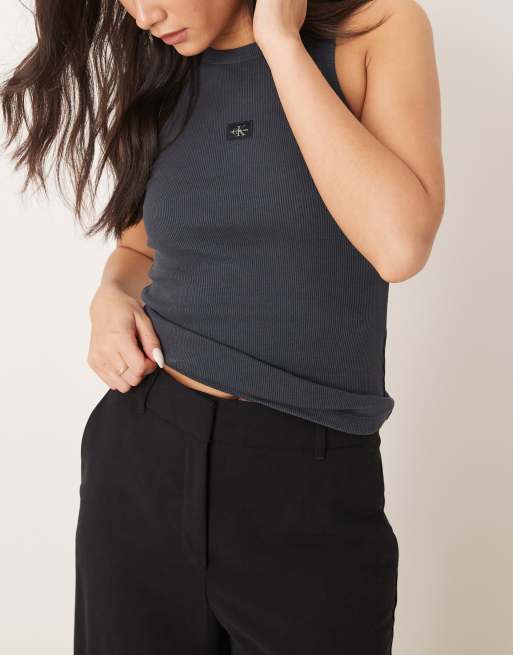 Calvin Klein Jeans - Geribbelde tanktop met geweven label in antracietgrijs, 4 van 4