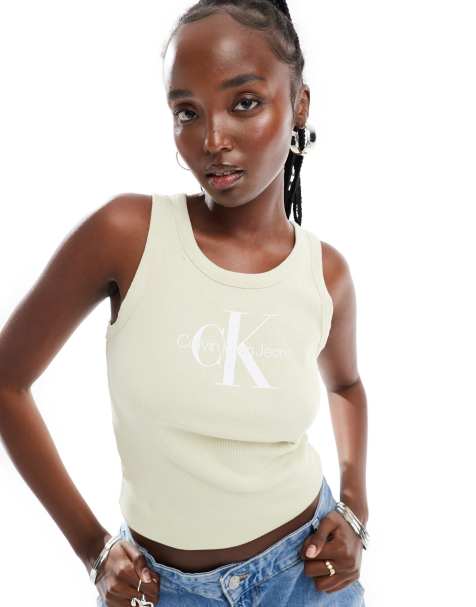 Calvin Klein Jeans - Geribbelde tanktop met logo in beige - view 1