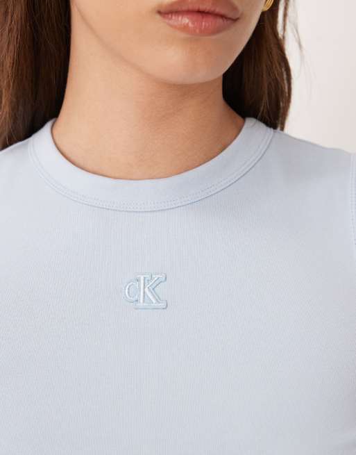 Calvin Klein Jeans – Geripptes Baumwoll-Tanktop in Pastellblau mit Logo, 3 von 4