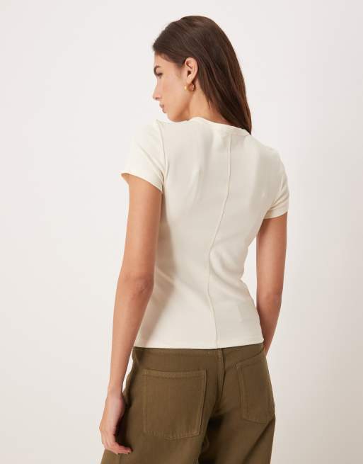 Calvin Klein Jeans – Geripptes Oberteil in Cremeweiß mit Knopfleiste , 4 von 4
