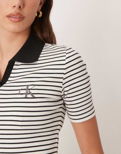 Calvin Klein Jeans – Geripptes Polohemd mit Monogramm-Logo und schwarzen Streifen, 3 von 4