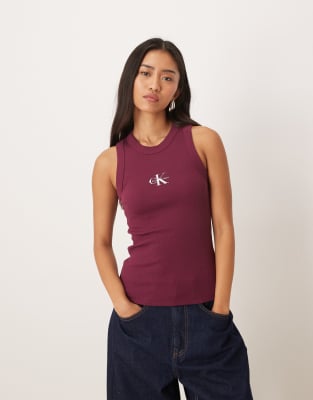 Calvin Klein Jeans - Geripptes Slim-Fit-Tanktop in Beerenrot mit Monogramm-Logo-Brown