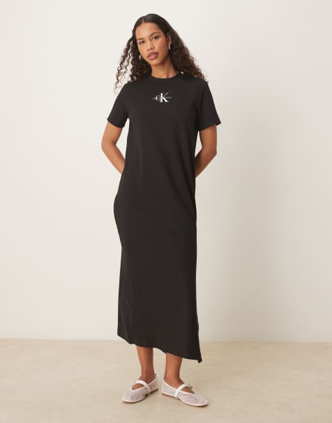 Calvin Klein Jeans – Geripptes T-Shirt-Maxikleid in CK-Schwarz - view 1