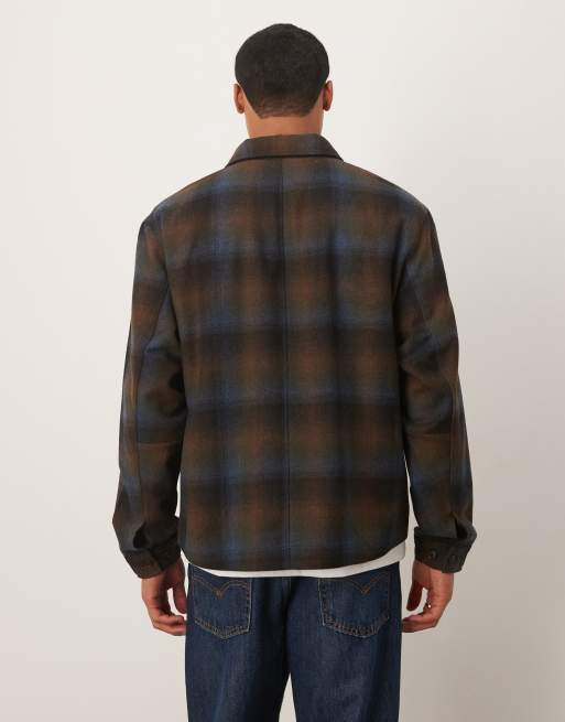 Calvin Klein Jeans - Geruit jack van flanel met wol met rits in bruin, 3 van 5