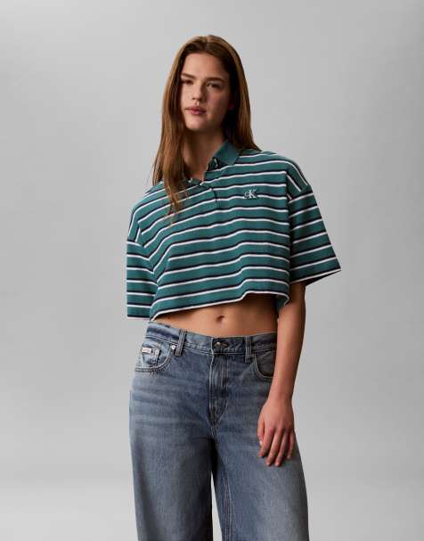 Calvin Klein Jeans - Gestreepte cropped polotop van piqué in groenblauw - view 1