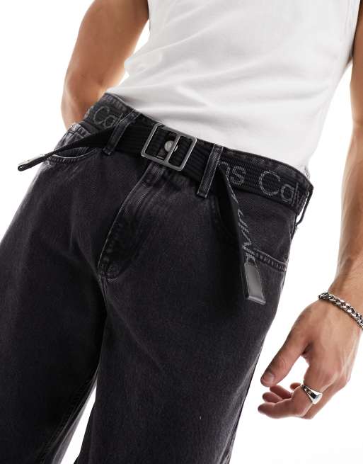 Calvin Klein Jeans Gewebe Gurtel in Schwarz mit Leder Logo und Slider Schnalle 35 mm ASOS