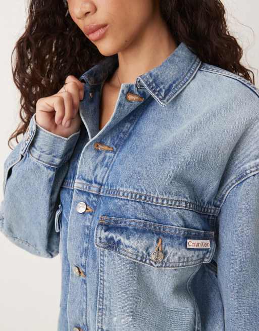 Calvin Klein Jeans - Giacca di jeans lavaggio blu chiaro con stampa a schizzi, 4 di 4