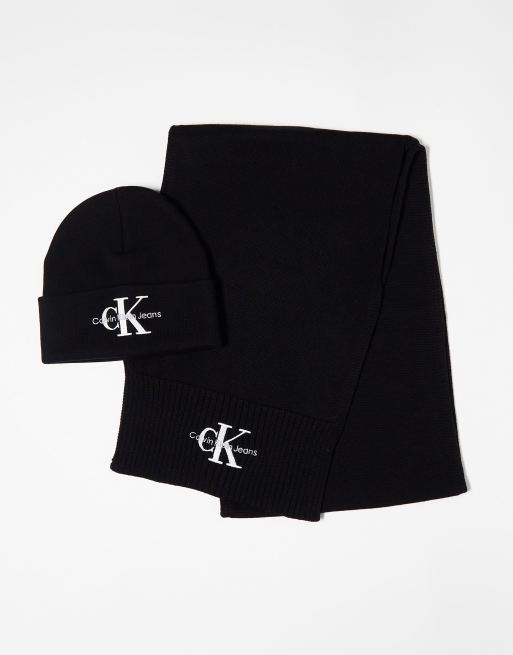 Calvin Klein Jeans Women's Gifting Monogram Beanie and Scarf Set Black